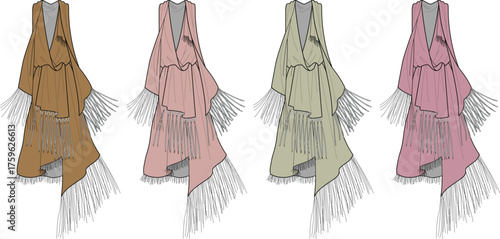Four different color variations of a fringed kimono or shawl, presented as a fashion illustration on a white background