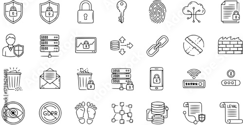 Cybersecurity and Data Protection Line Icons Set: Privacy, Digital Security, Online Safety, Server, Cloud, GDPR, Firewall, and Data Management Symbols.
