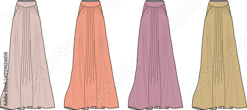 Four Flowing Maxi Skirt Designs in Various Pastel Shades for Fashion Illustration