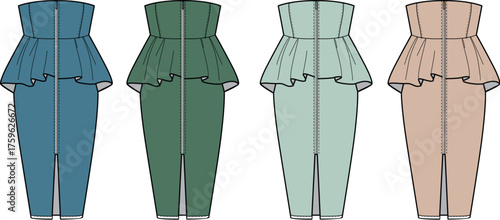Set of fashion technical flat sketches showing a women's strapless peplum jumpsuit with a front zipper, available in four different colorways for apparel design