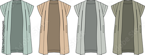 Four sleeveless open-front cardigans in different muted colors laid out in a row