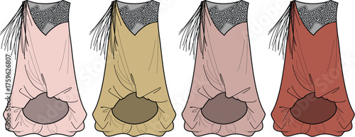 Fashion design technical flat sketch of a chic bohemian bucket bag with tassels, presented in four color options