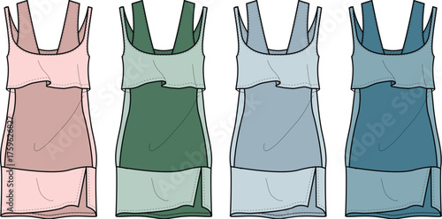 Stylish women's layered cami dress technical drawing. Fashion apparel concept with multiple color options for a clothing collection