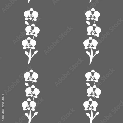 Elegant seamless pattern featuring white orchid flowers arranged in vertical stripes on a dark gray background. Minimalist botanical design perfect for fabric prints, wallpaper, wrapping paper, textil
