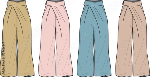 Collection of stylish wide-leg palazzo pants with an elegant wrap front design. Vector fashion illustration and technical flat template for apparel