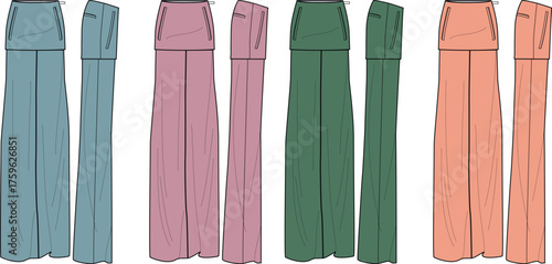 Collection of women's wide-leg trousers fashion flat technical drawings. Vector apparel template showing front and side views in multiple color options for clothing design