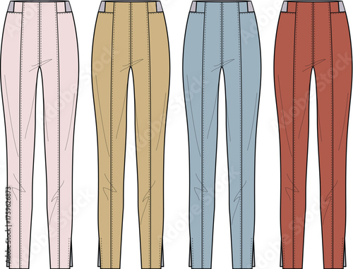 Collection of four different colored pants illustrations on a white background