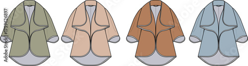 Set of four distinct coat designs featuring a variety of muted color palettes and elegant shawl collars, presented in a clear, flat illustration style