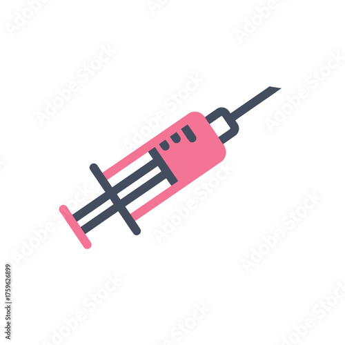 Medical injection icon representing healthcare and vaccination with a syringe and needle in pink and blue on a white background