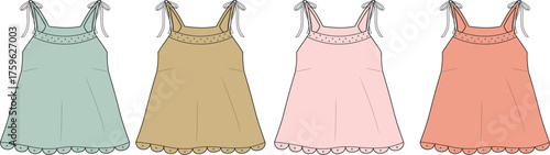 Set of children's summer sundresses with smocked bodices and tie-up shoulder straps. Technical fashion flat sketch vector illustration of girl's apparel