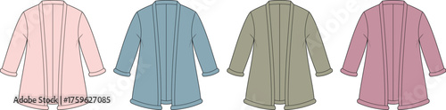 Fashion technical flats of a women's long-sleeve tunic dress. Four color options pink, blue, olive, mauve. Ideal for apparel design and clothing production visuals