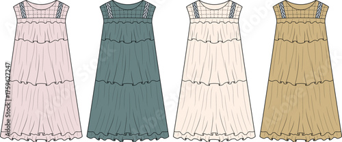 Elegant Tiered Maxi Dress Designs in Varied Colors Fashion Illustration