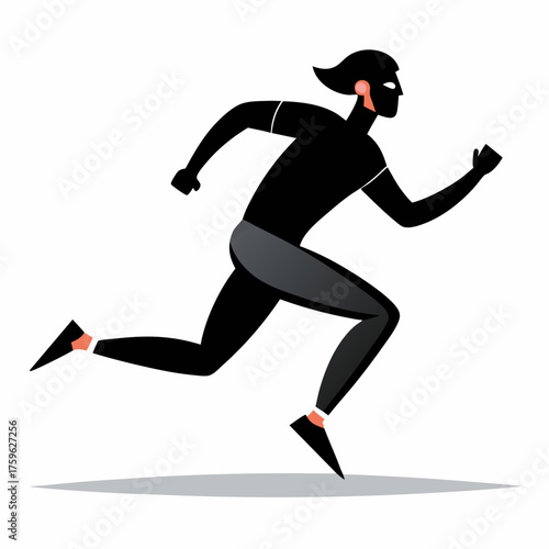 Stylized black silhouette of a person running with grey athletic pants and pink earbud