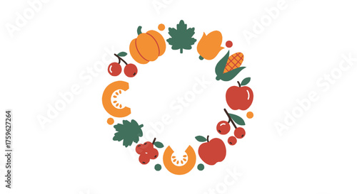 A circular illustration featuring various autumn harvest elements arranged in a decorative wreath.