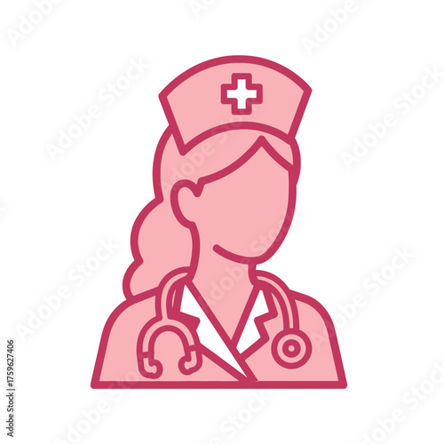 Pink Nurse Icon with Stethoscope and Cross Symbol, Medical Professional Illustration
