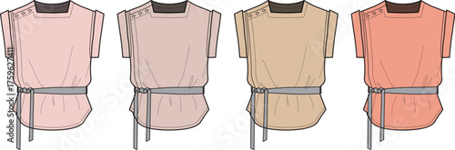 Four women's tops in different pastel shades with tie-waist details, presented on a white background