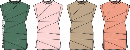 Four different colors of stylized sleeveless shirts with a draped neckline and diagonal seam details