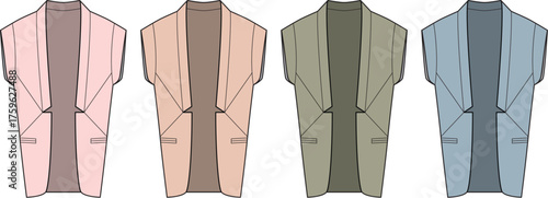 Fashion flats of women's sleeveless jackets in various pastel and neutral colors, illustrating technical design for apparel development and professional fashion collections