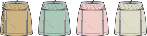 Fashion Flat Illustration Set A-Line Mini Skirts with Quilted Waistbands and Front Zips in a Variety of Pastel Colors for Apparel Design