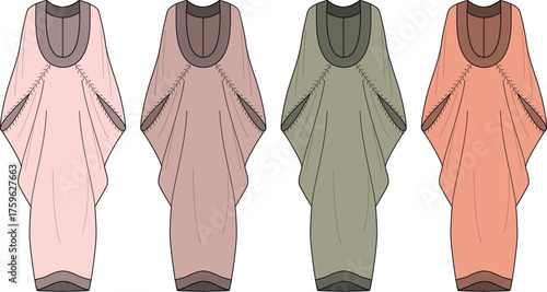 Various colorful fashion dresses displayed in a row, showcasing elegant and stylish designs in different shades