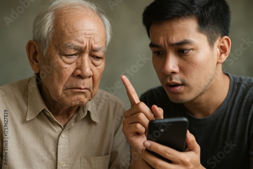 Confused Elderly Man and Young Adult Son Looking at Smartphone Together