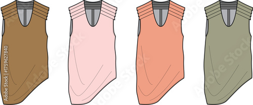 Modern women's sleeveless asymmetrical tops in an array of warm and soft colors, perfect for contemporary fashion design, showcasing versatile apparel for stylish wardrobes