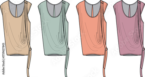 A Collection of Four Sleeveless Tops with Draped Detail in Various Colors