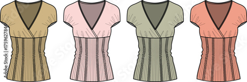 Fashionable Women's Top Set Elegant Garment Designs with Striped Bottom Details