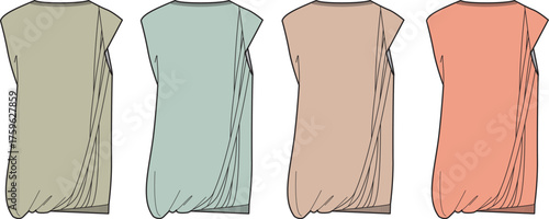 Versatile women's fashion illustration showcasing four elegant draped blouses, each a unique muted hue, perfect for a chic and relaxed wardrobe collection