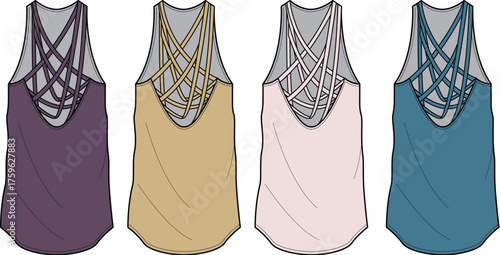 Vector illustrations of women's sleeveless tank tops with intricate crisscross back straps. A colorful set for modern fashion, activewear, and apparel design concepts