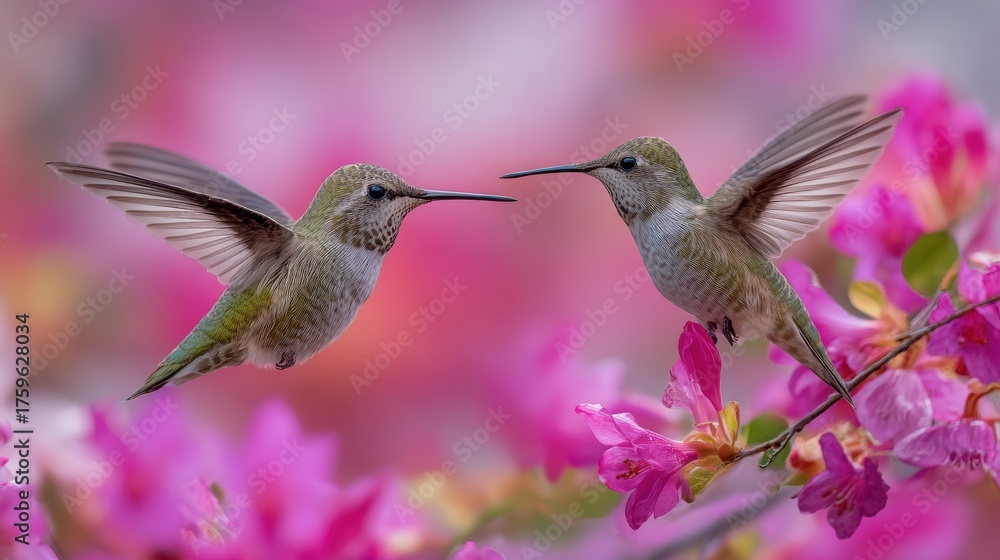 Fototapeta premium Two hummingbirds facing each other with pink flowers in the background.