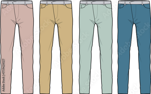 Four pairs of casual pants in pastel and blue hues for men, presented in a flat lay style
