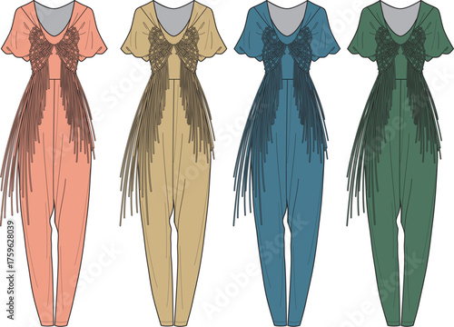 Collection of stylish women's bohemian jumpsuits featuring lace angel wing sleeves and long fringe accents, shown in four colorways