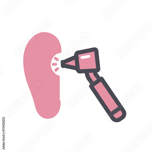 Medical examination icon of an ear and otoscope tool for healthcare and audiology