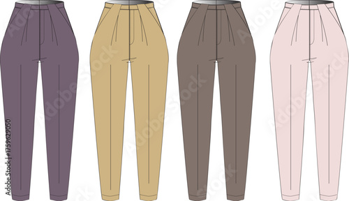 Set of Four High-Waisted Trousers in Different Colors Purple, Tan, Brown, and Pink