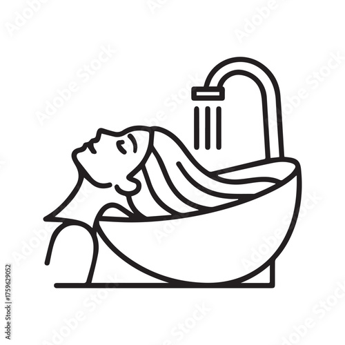 Hair washing at salon sink icon. Woman rinsing hair, beauty treatment symbol. Vector for hairdresser, shampoo, and spa services.
