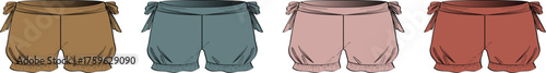 Set of traditional baggy knickerbockers or hakama-style pants in four different color palettes. Isolated vector illustration for costume or character design