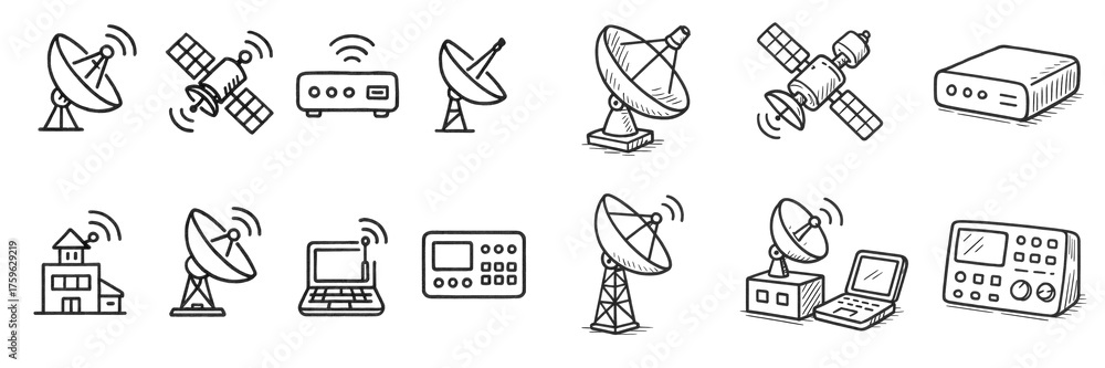 Fototapeta premium Communication icons: antennas, satellites, devices