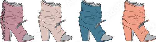 A stylish assortment of women's fashion footwear, showcasing a colorful collection of high-heeled peep-toe booties in different shades