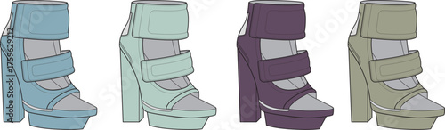 A stylish set of women's high heel platform sandals shown in a variety of vibrant colors, isolated vector illustration for fashion concepts