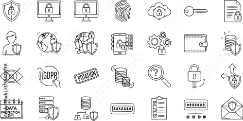 Cyber Security and Data Protection Line Icons. Digital Privacy, Online Safety, Network Security, and GDPR Vector Illustrations for Web  Apps.