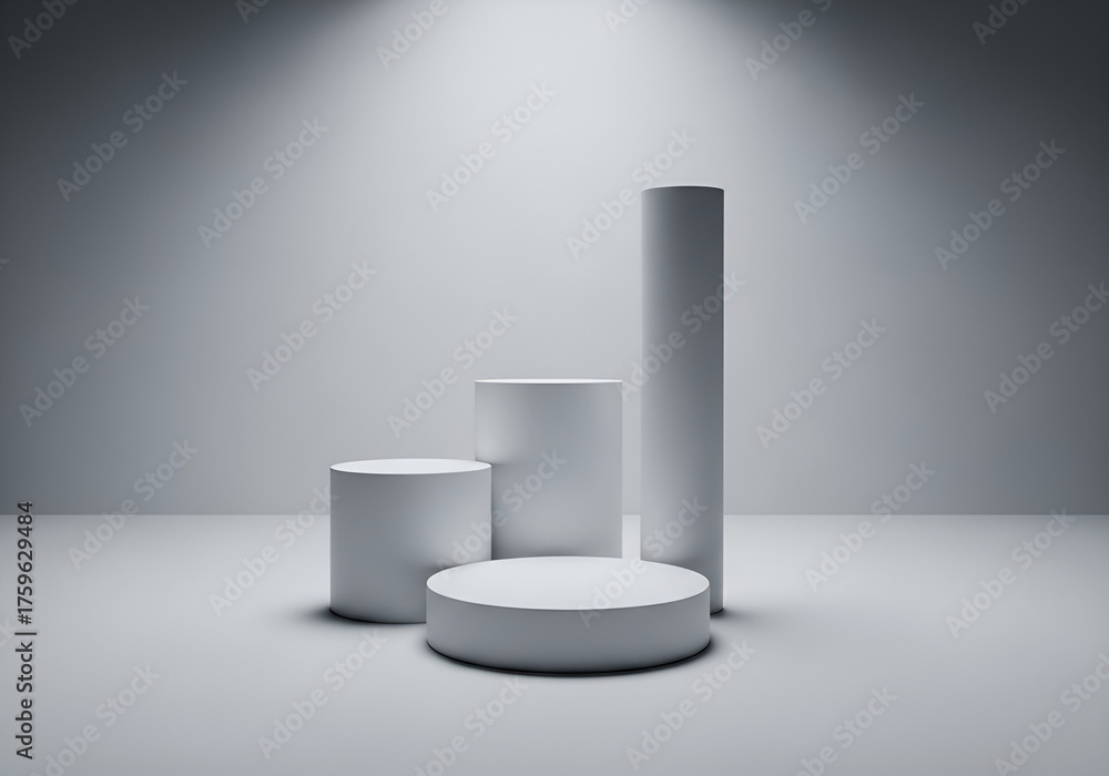 Fototapeta premium Minimalist presentation pedestals for product display and promotion with dramatic spotlighting