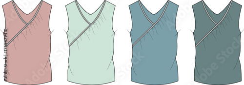 Collection of four minimalist wrap tops in pastel and muted colors, showcasing simple garment design