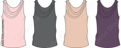 Set of women's sleeveless cowl neck tank tops in various colors. Fashion flat technical sketch template
