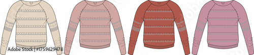 Collection of cozy striped pullover sweaters with raglan sleeves. Women's casual knitwear fashion technical flat sketch template