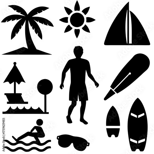 Collection of black silhouette icons representing summer vacation and beach activities