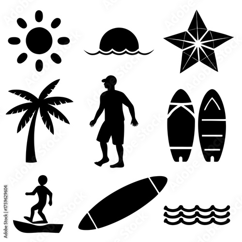 Collection of black silhouette icons representing summer vacation and beach activities