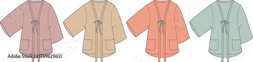 Flat technical illustrations of short-sleeved tie-front jackets in pastel colors, ideal for fashion design, garment construction, and pattern making concepts