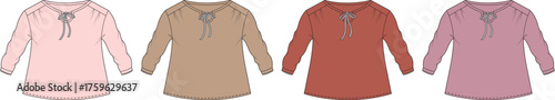 Four different colored long-sleeved tunic tops shown in a row