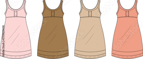 Four Vector Illustrations of Casual Dresses in Various Earth-Tone Colors for Fashion Design and Clothing